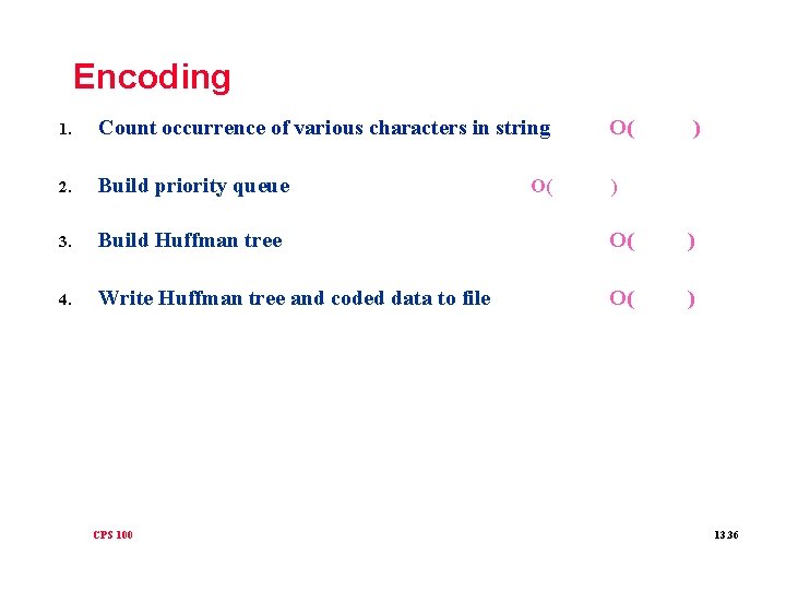 Encoding 1. Count occurrence of various characters in string O( 2. Build priority queue
