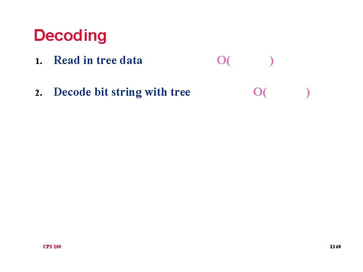 Decoding 1. Read in tree data 2. Decode bit string with tree CPS 100