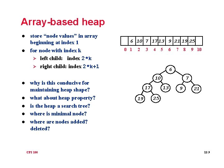 Array-based heap l l l l store “node values” in array beginning at index