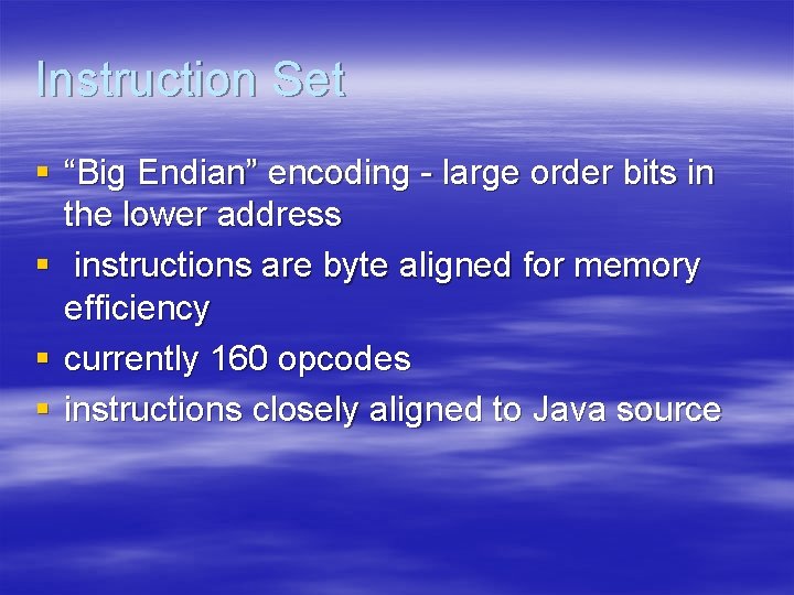 Instruction Set § “Big Endian” encoding - large order bits in the lower address