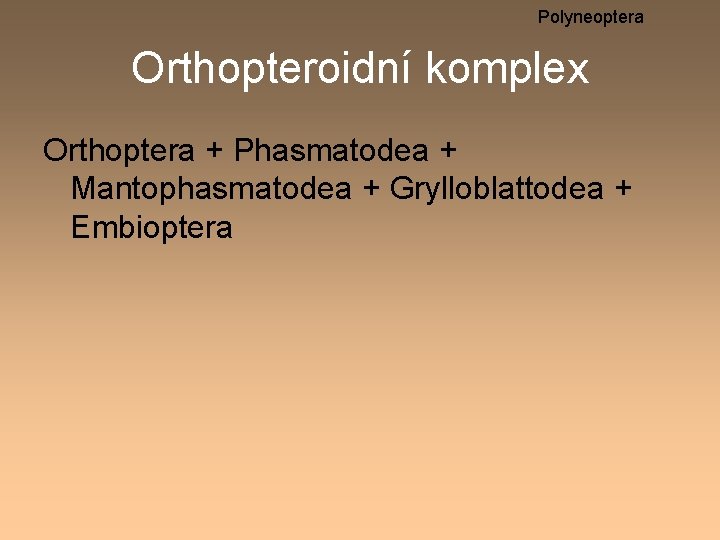 Polyneoptera Orthopteroidní komplex Orthoptera + Phasmatodea + Mantophasmatodea + Grylloblattodea + Embioptera 