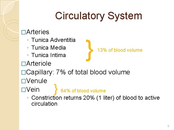 Circulatory System �Arteries ◦ Tunica Adventitia ◦ Tunica Media ◦ Tunica Intima �Arteriole �Capillary: