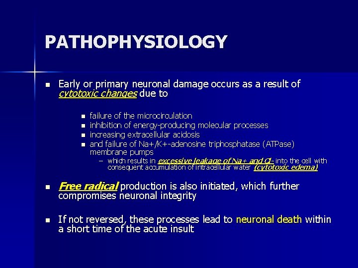 PATHOPHYSIOLOGY n Early or primary neuronal damage occurs as a result of cytotoxic changes