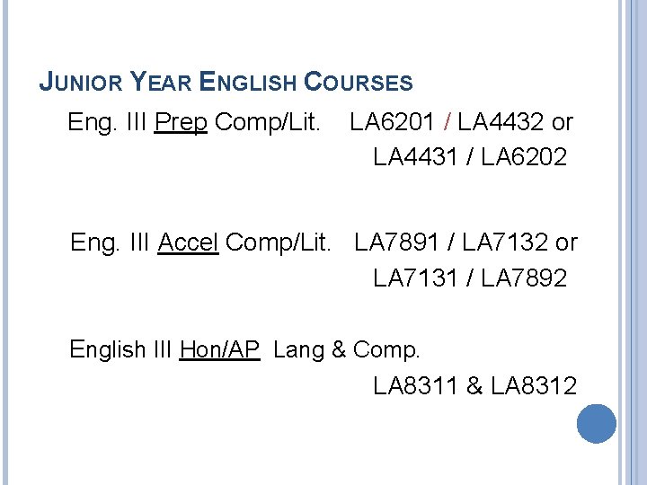 JUNIOR YEAR ENGLISH COURSES Eng. III Prep Comp/Lit. LA 6201 / LA 4432 or