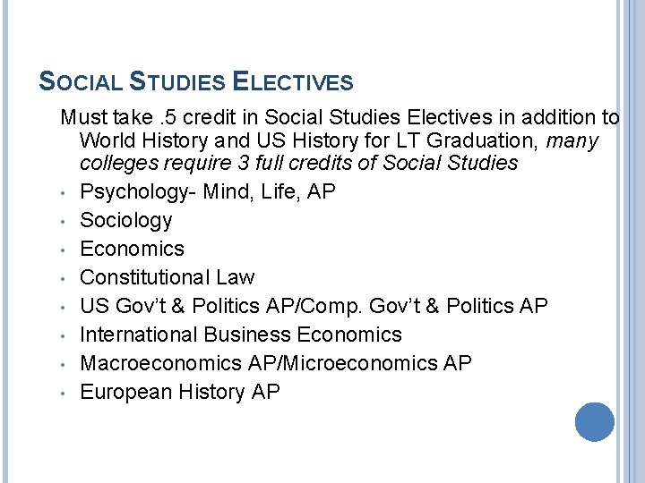 SOCIAL STUDIES ELECTIVES Must take. 5 credit in Social Studies Electives in addition to