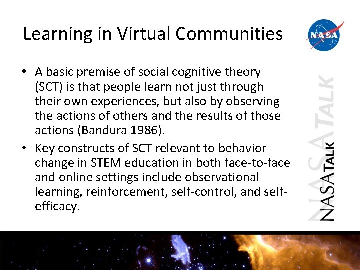 Learning in Virtual Communities • A basic premise of social cognitive theory (SCT) is Learning in Virtual Communities • A basic premise of social cognitive theory (SCT) is