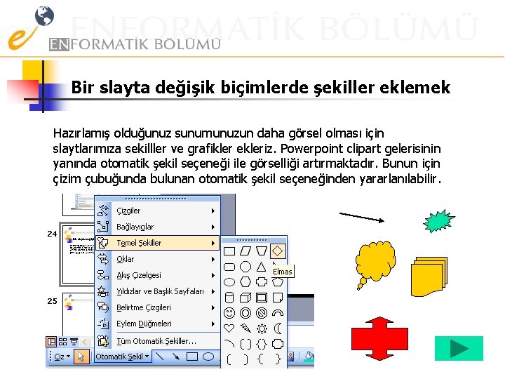 Bir slayta değişik biçimlerde şekiller eklemek Hazırlamış olduğunuz sunumunuzun daha görsel olması için slaytlarımıza