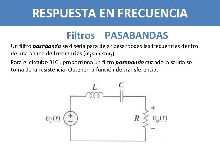 RESPUESTA EN FRECUENCIA Filtros PASABANDAS Un filtro pasabanda se diseña para dejar pasar todas