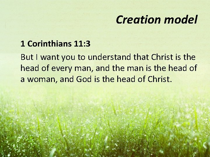 Creation model 1 Corinthians 11: 3 But I want you to understand that Christ