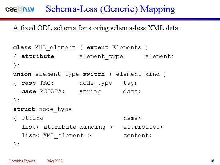 Schema-Less (Generic) Mapping A fixed ODL schema for storing schema-less XML data: class XML_element
