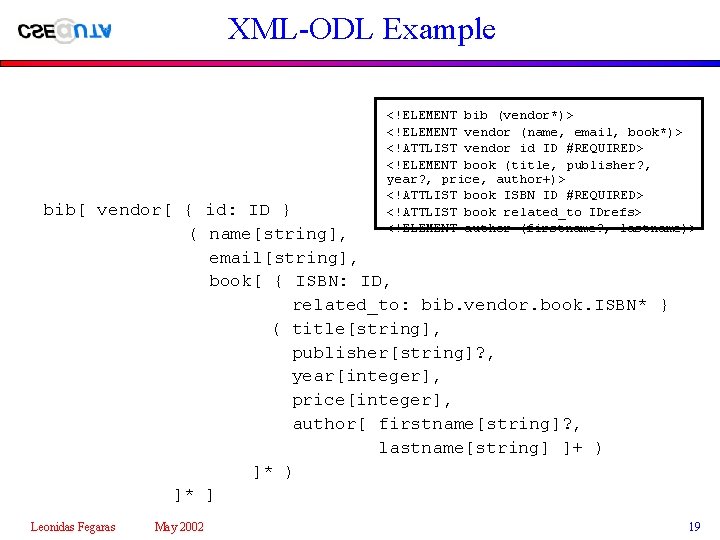 XML-ODL Example <!ELEMENT bib (vendor*)> <!ELEMENT vendor (name, email, book*)> <!ATTLIST vendor id ID