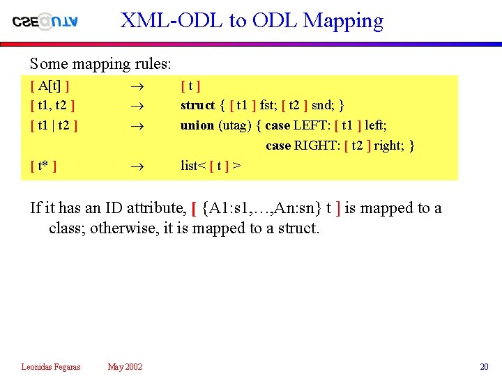 XML-ODL to ODL Mapping Some mapping rules: [ A[t] ] [ t 1, t