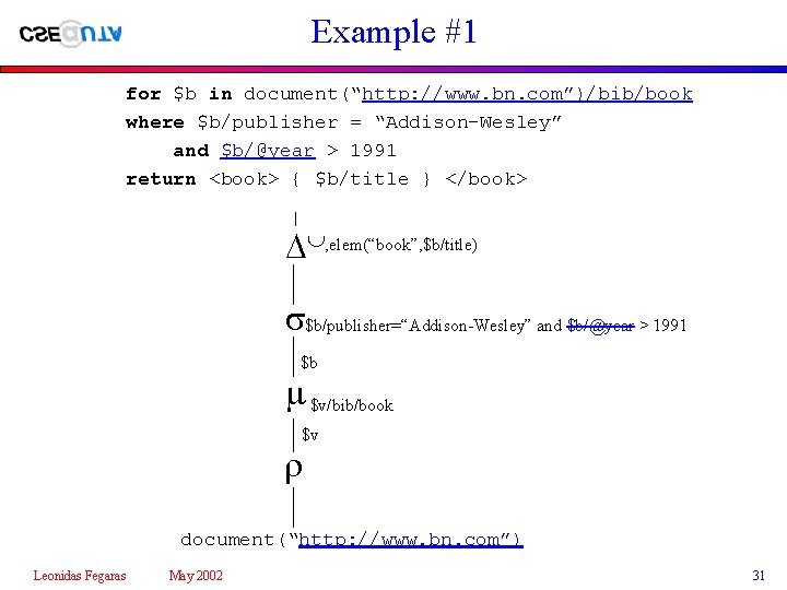 Example #1 for $b in document(“http: //www. bn. com”)/bib/book where $b/publisher = “Addison-Wesley” and