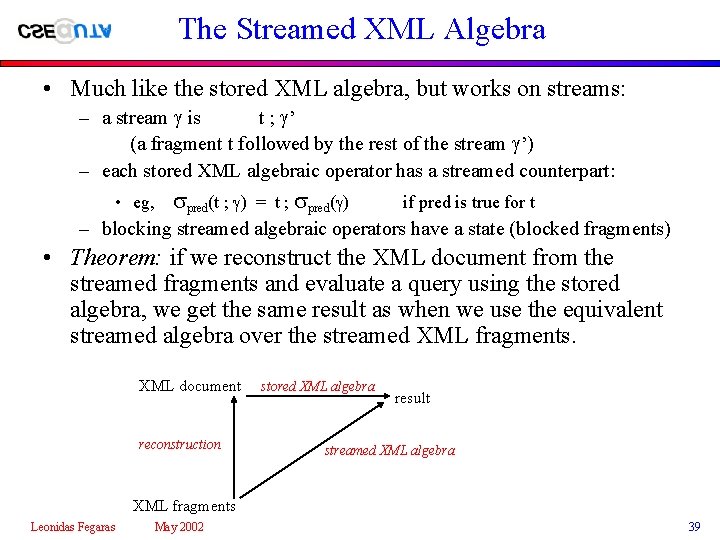The Streamed XML Algebra • Much like the stored XML algebra, but works on