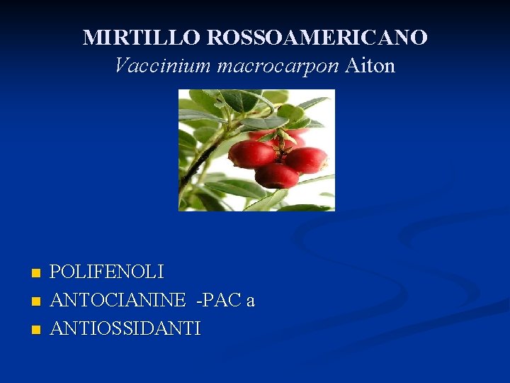 MIRTILLO ROSSOAMERICANO Vaccinium macrocarpon Aiton n POLIFENOLI ANTOCIANINE -PAC a ANTIOSSIDANTI 