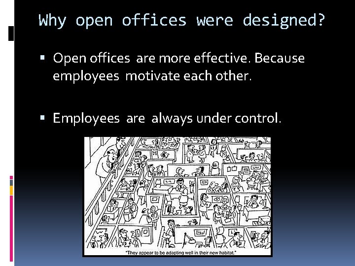 Why open offices were designed? Open offices are more effective. Because employees motivate each