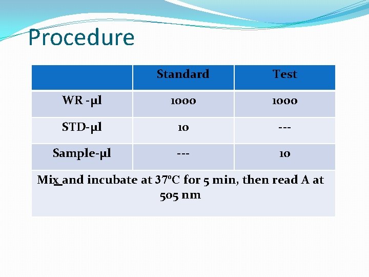 Procedure Standard Test WR -µl 1000 STD-µl 10 --- Sample-µl --- 10 Mix and