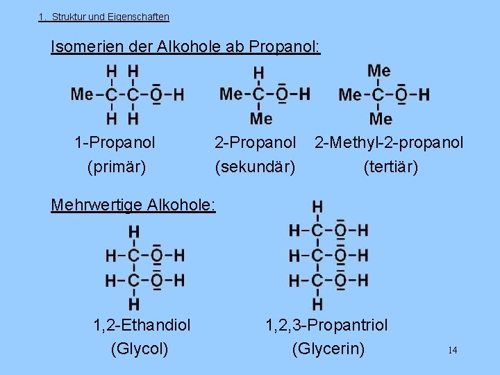 1. Struktur und Eigenschaften Isomerien der Alkohole ab Propanol: 1 -Propanol (primär) 2 -Propanol
