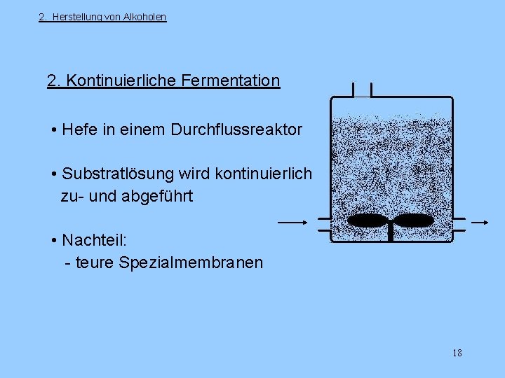 2. Herstellung von Alkoholen 2. Kontinuierliche Fermentation • Hefe in einem Durchflussreaktor • Substratlösung