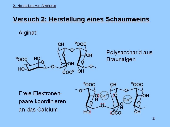 2. Herstellung von Alkoholen Versuch 2: Herstellung eines Schaumweins Alginat: Polysaccharid aus Braunalgen Freie