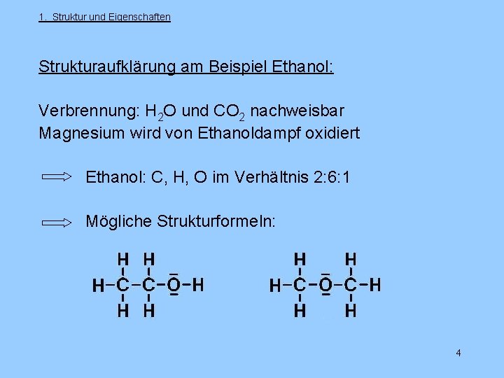 1. Struktur und Eigenschaften Strukturaufklärung am Beispiel Ethanol: Verbrennung: H 2 O und CO