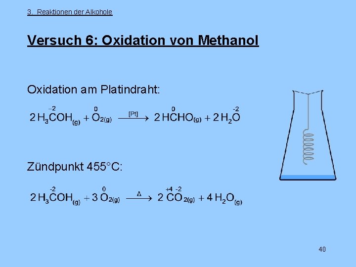 3. Reaktionen der Alkohole Versuch 6: Oxidation von Methanol Oxidation am Platindraht: Zündpunkt 455°C: