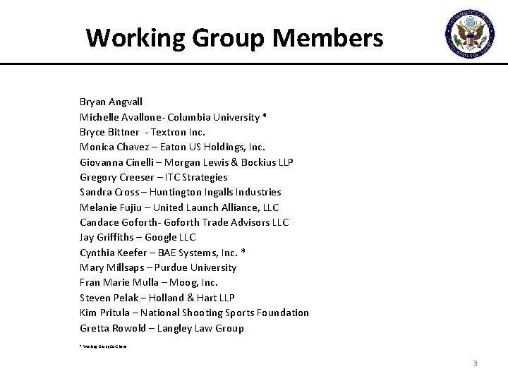 Working Group Members Bryan Angvall Michelle Avallone- Columbia University * Bryce Bittner - Textron
