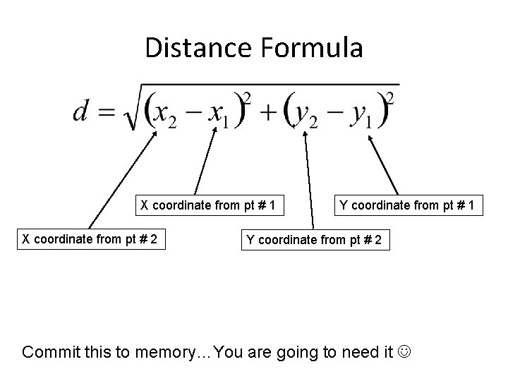 Distance Formula X coordinate from pt # 1 X coordinate from pt # 2