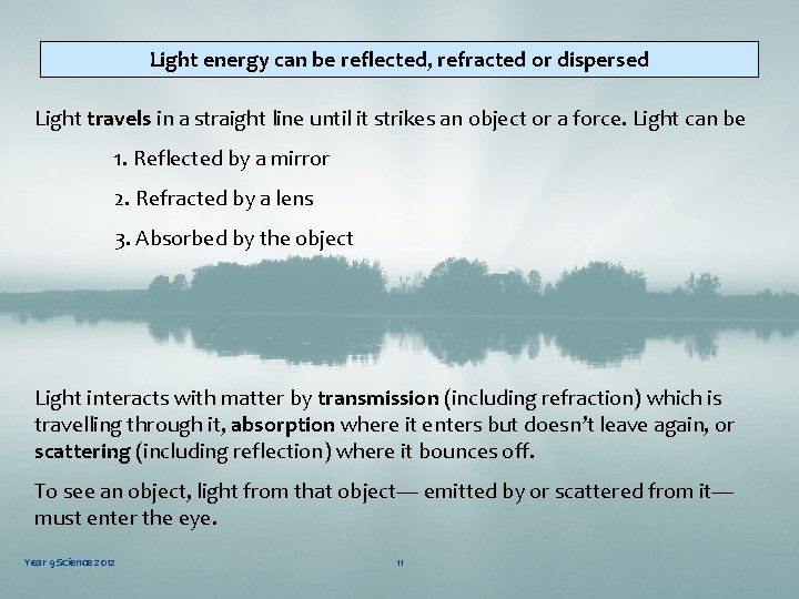 Light energy can be reflected, refracted or dispersed Light travels in a straight line