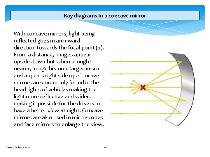 Ray diagrams in a concave mirror With concave mirrors, light being reflected goes in