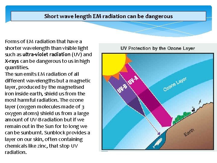 Short wave length EM radiation can be dangerous Forms of EM radiation that have