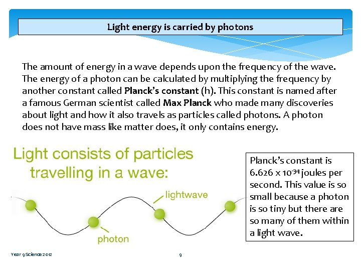 Light energy is carried by photons The amount of energy in a wave depends