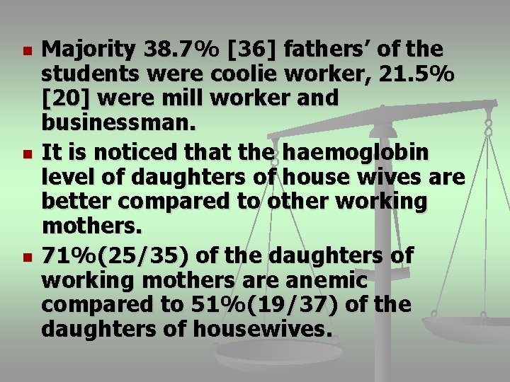 n n n Majority 38. 7% [36] fathers’ of the students were coolie worker,