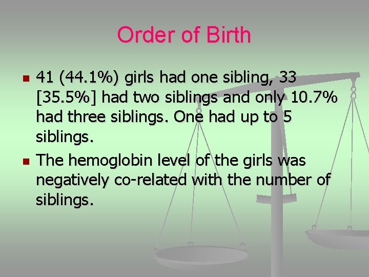 Order of Birth n n 41 (44. 1%) girls had one sibling, 33 [35.