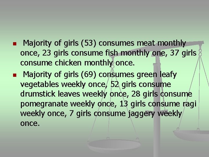 n n Majority of girls (53) consumes meat monthly once, 23 girls consume fish