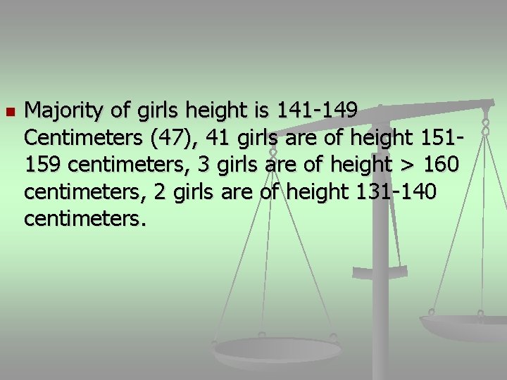 n Majority of girls height is 141 -149 Centimeters (47), 41 girls are of