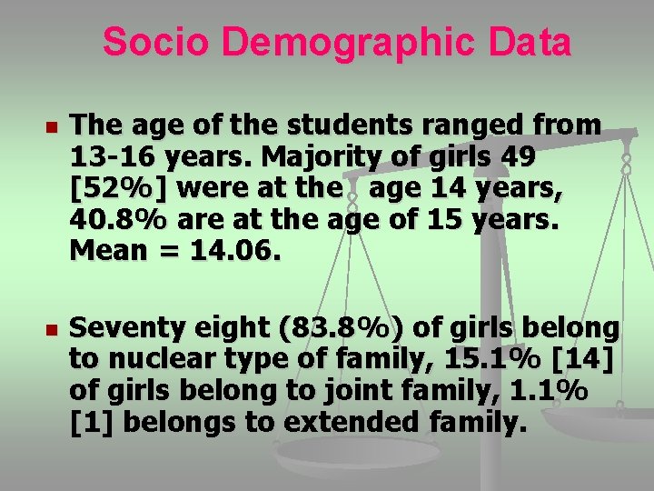 Socio Demographic Data n n The age of the students ranged from 13 -16