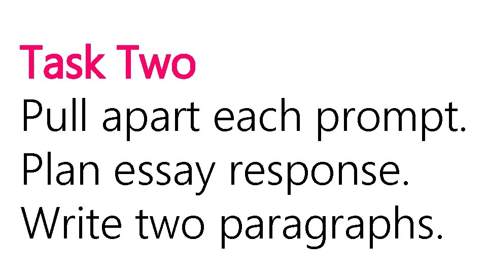 Task Two Pull apart each prompt. Plan essay response. Write two paragraphs. 