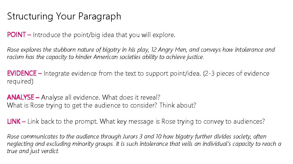 Structuring Your Paragraph POINT – Introduce the point/big idea that you will explore. Rose