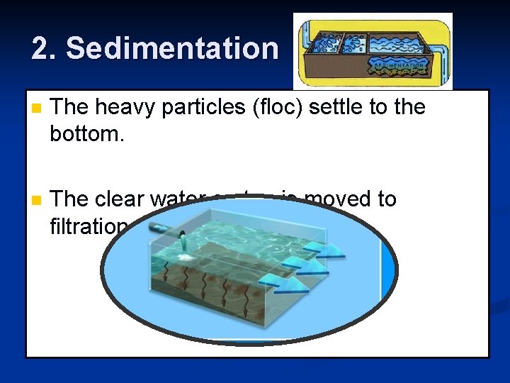 2. Sedimentation n The heavy particles (floc) settle to the bottom. n The clear