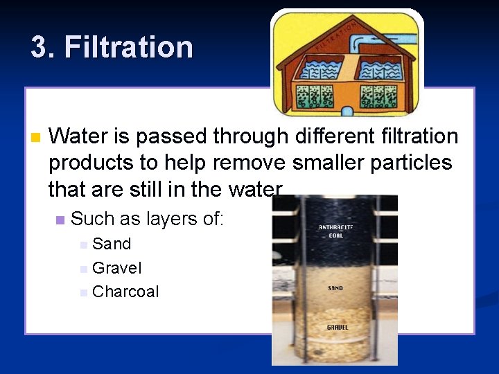 3. Filtration n Water is passed through different filtration products to help remove smaller