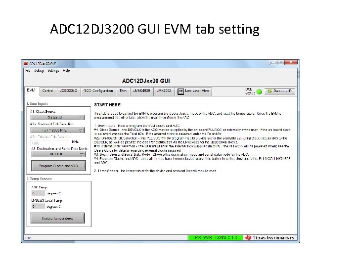 ADC 12 DJ 3200 GUI EVM tab setting 