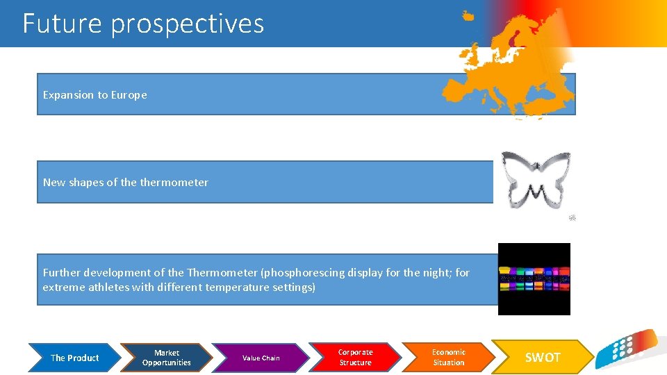 Future prospectives Expansion to Europe New shapes of thermometer Further development of the Thermometer