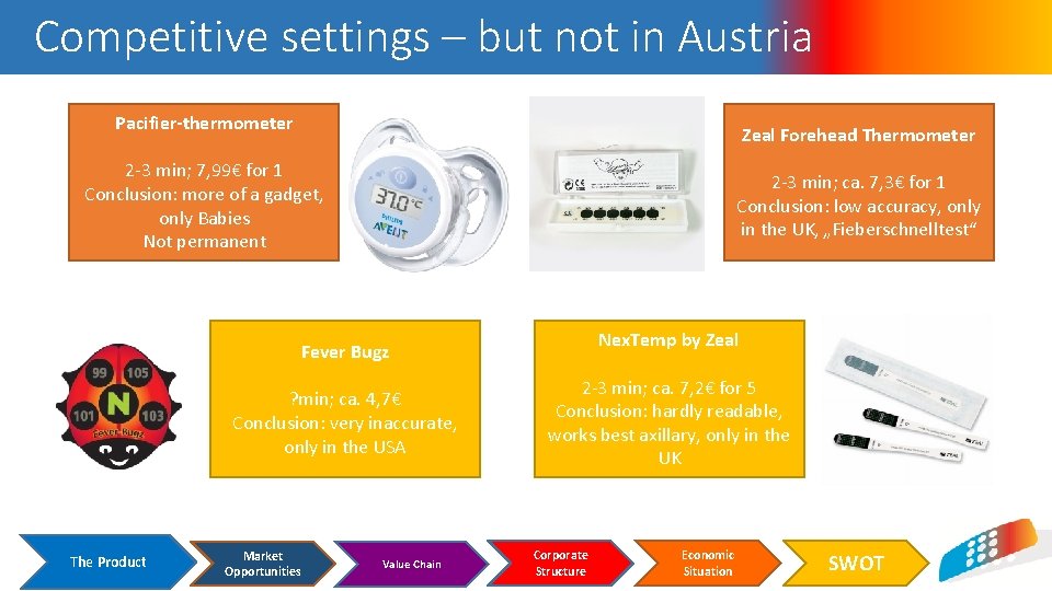 Competitive settings – but not in Austria Pacifier-thermometer Zeal Forehead Thermometer 2 -3 min;