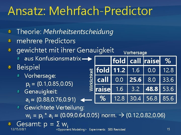 Ansatz: Mehrfach-Predictor Theorie: Mehrheitsentscheidung mehrere Predictors gewichtet mit ihrer Genauigkeit aus Konfusionsmatrix fold call