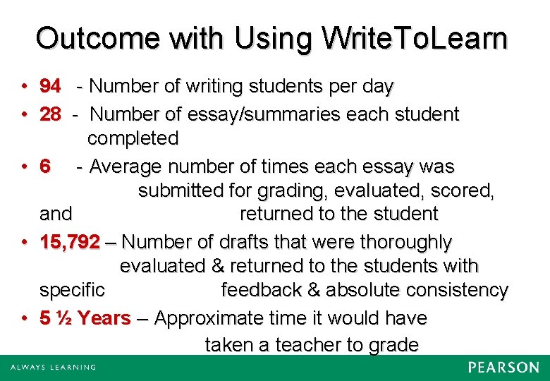 Outcome with Using Write. To. Learn • 94 - Number of writing students per