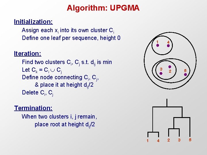 Algorithm: UPGMA Initialization: Assign each xi into its own cluster Ci Define one leaf