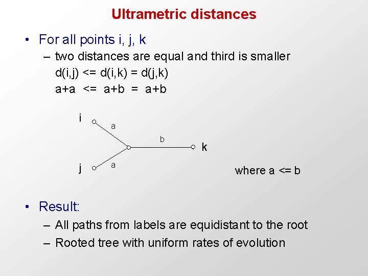 Ultrametric distances • For all points i, j, k – two distances are equal