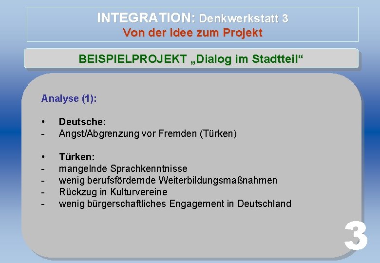 INTEGRATION: Denkwerkstatt 3 Von der Idee zum Projekt BEISPIELPROJEKT „Dialog im Stadtteil“ Analyse (1):