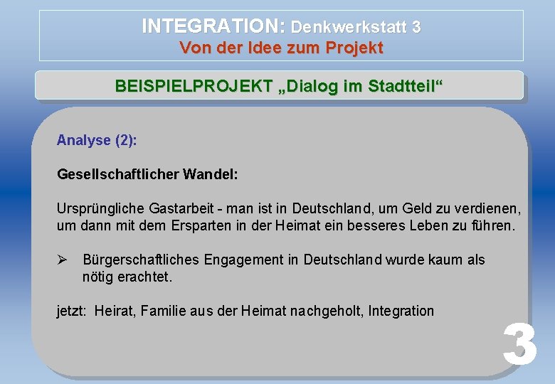 INTEGRATION: Denkwerkstatt 3 Von der Idee zum Projekt BEISPIELPROJEKT „Dialog im Stadtteil“ Analyse (2):